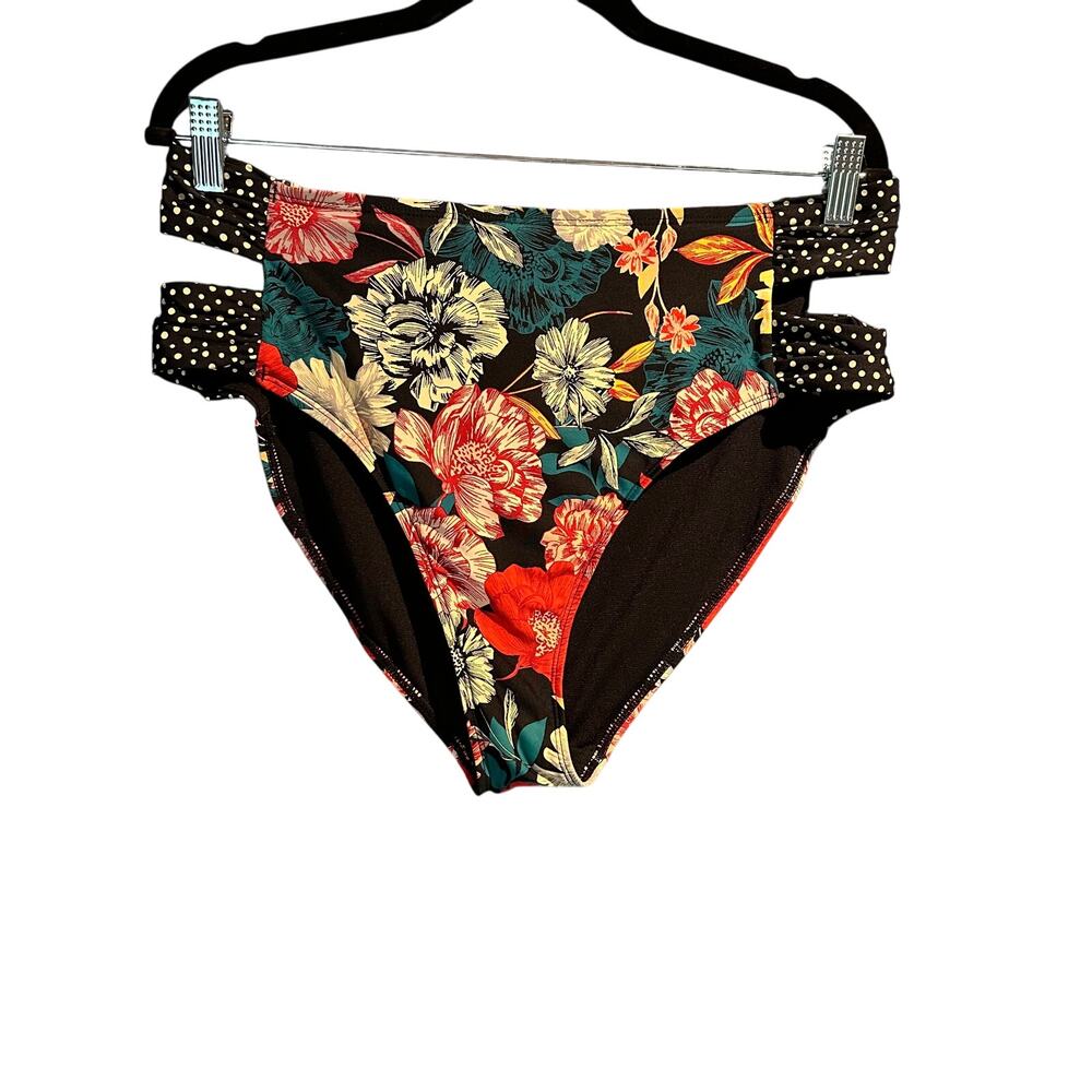 Time & Tru Large Cottage Floral Bikini Bottom High Waist Strappy Polka Dot Sides